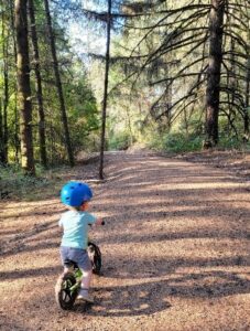 Carson riding his bike on a forest path