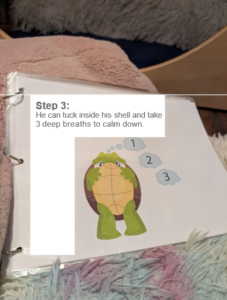 Image of Tucker Turtle tucked in his shell. Text says: Step 3: He can tuck inside his shell and take 3 deep breaths to calm down.