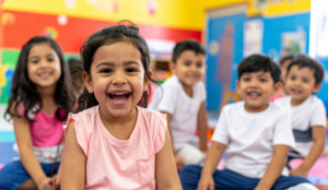 Preschool children in a classroom smiling at the camera